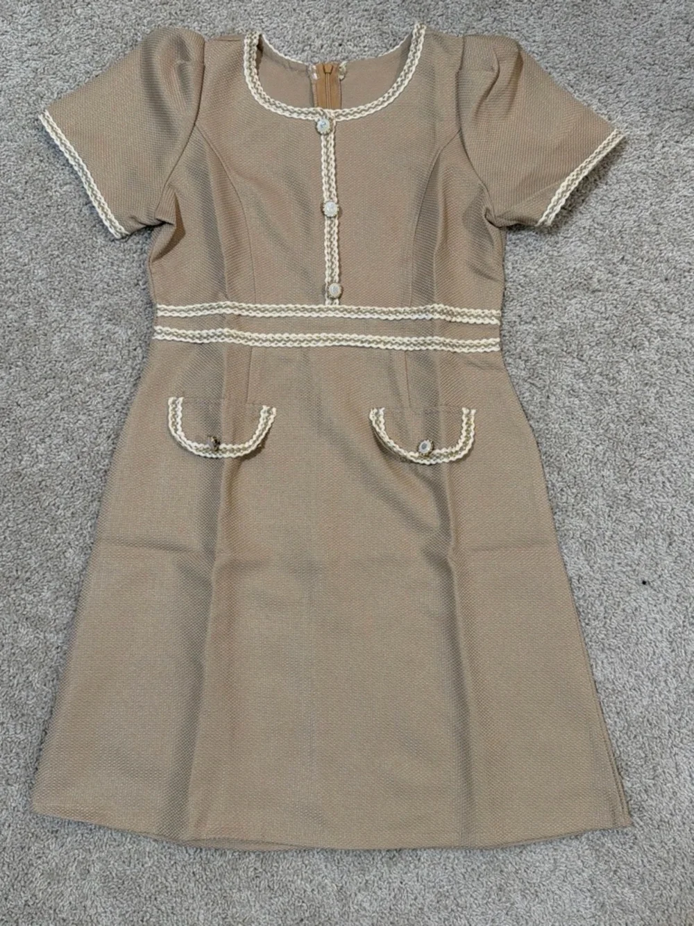 Beige Short-Sleeve Braided Trim Dress